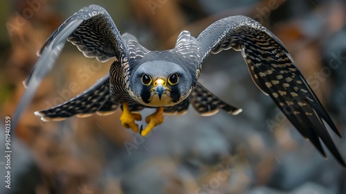Swift peregrine falcon diving at high speed: A swift peregrine falcon dives at incredible speed from high above, its sharp eyes locked on its prey, showcasing its unmatched hunting prowess. 