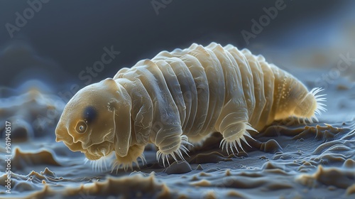 Tiny tardigrade (water bear) in microscopic view: A tiny tardigrade, or water bear, is magnified under a microscope, revealing its fascinating, almost indestructible features that have allowed 