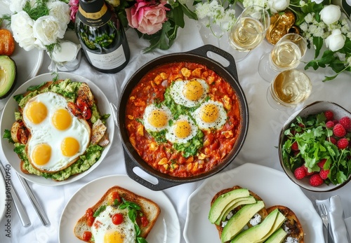 Stylish brunch with shakshuka avocado toast eggs benny champagne photo