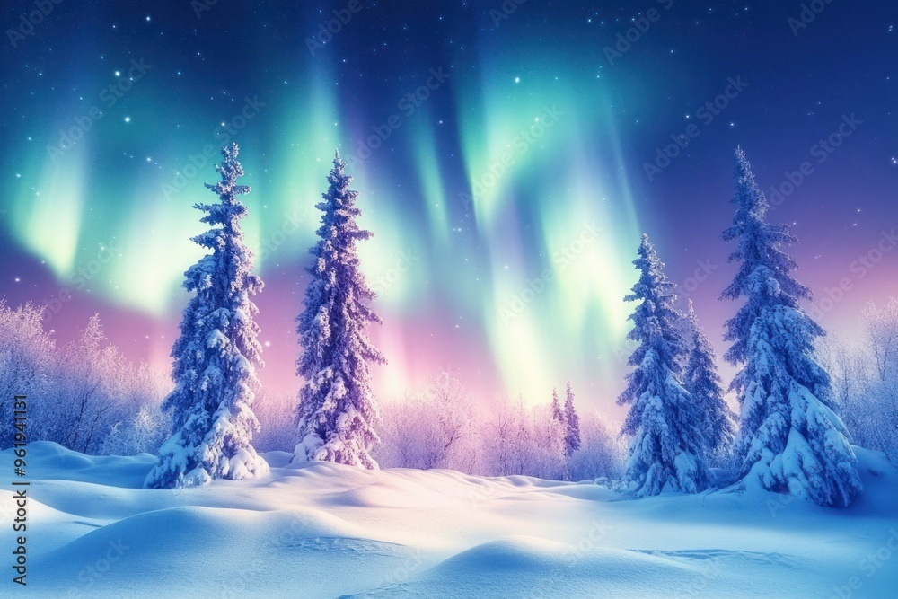 Snow-Covered Forest Under a Starry Sky with Aurora Borealis Snow-Covered Forest Under a Starry Sky with Aurora Borealis