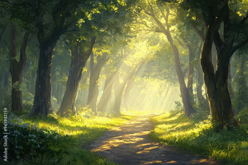 Sunbeams Illuminating a Path Through a Lush Green Forest Sunbeams Illuminating a Path Through a Lush Green Forest