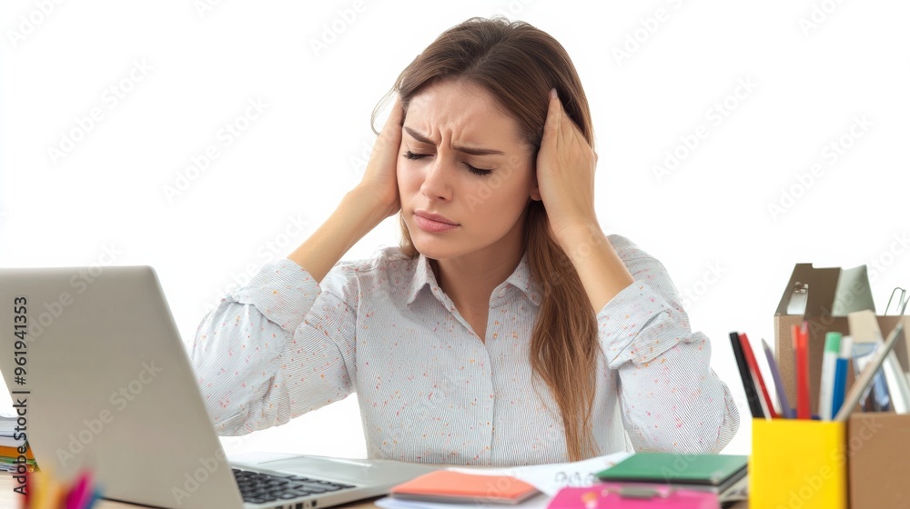 Stressed Woman Covering Her Ears at a Desk. Stressed Woman Covering Her Ears at a Desk.
