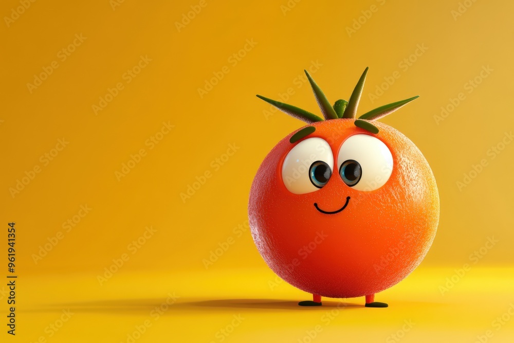 Obraz premium Cartoon Tomato Character with Big Eyes, Funny and Silly Fruit with Copy Space
