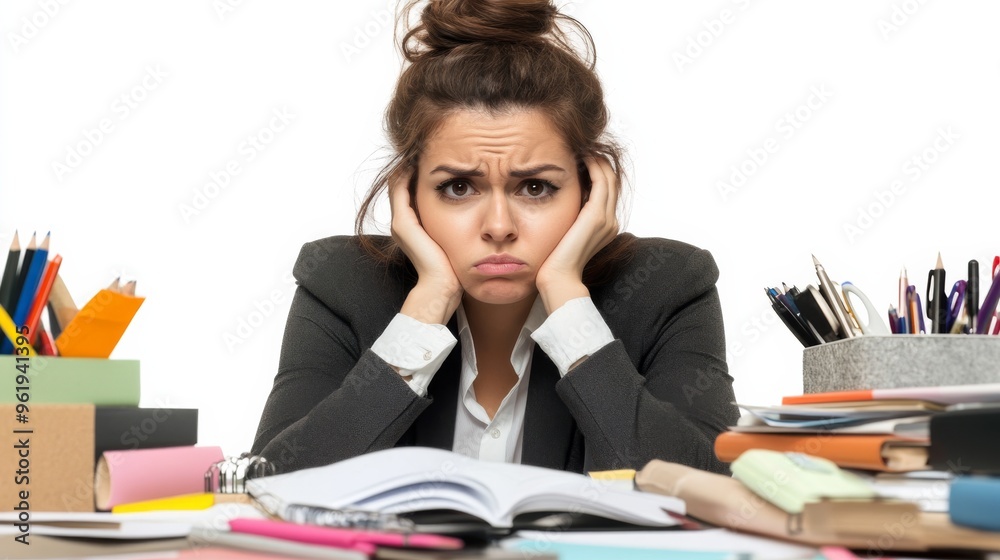 Overwhelmed Businesswoman at Desk.