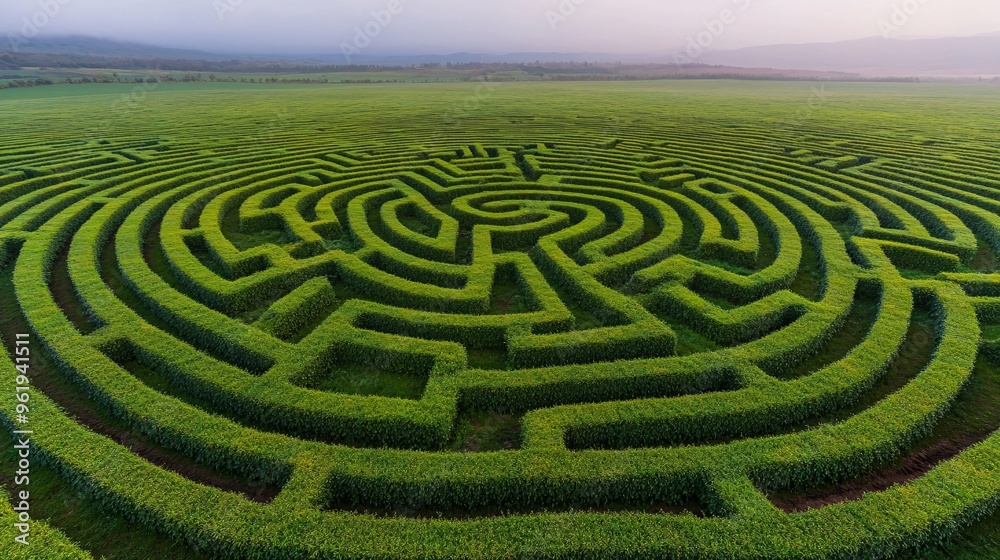 Aerial view of a lush green maze in a field under soft morning light. Aerial view of a lush green maze in a field under soft morning light.
