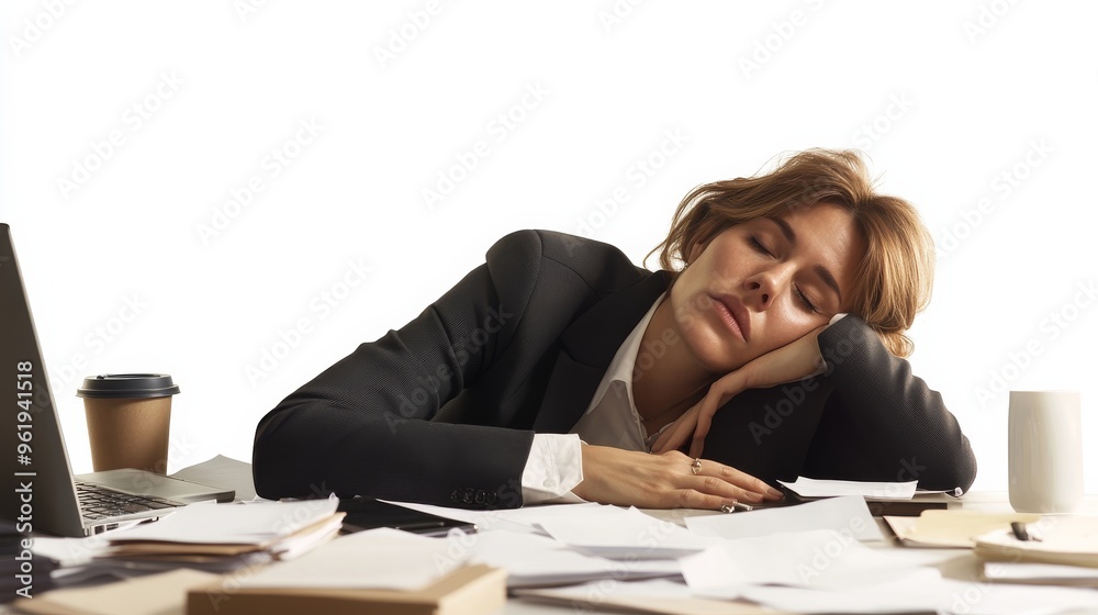 Exhausted Businesswoman Sleeping at Desk. Exhausted Businesswoman Sleeping at Desk.