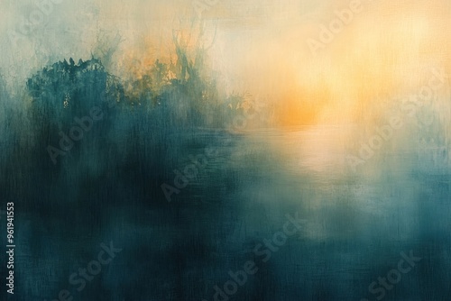 Abstract Watercolor Landscape with a Misty Sunset