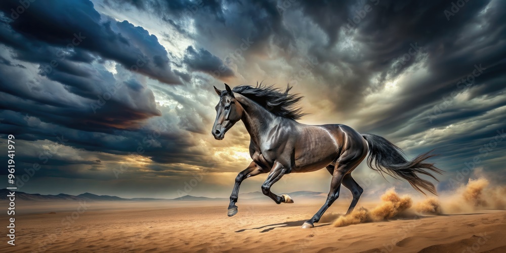 Dark horse running through desert landscape with dramatic sky in background, horse, dark, desert, running, landscape, sky Dark horse running through desert landscape with dramatic sky in background, horse, dark, desert, running, landscape, sky