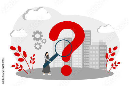 The concept of finding an answer to a question. Question mark and woman