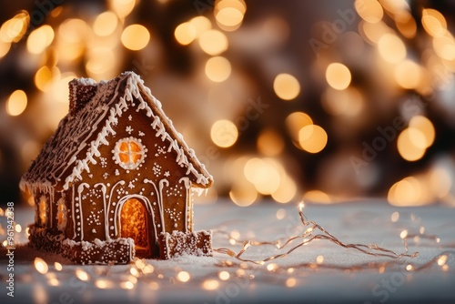 Gingerbread House with String Lights and Bokeh Background