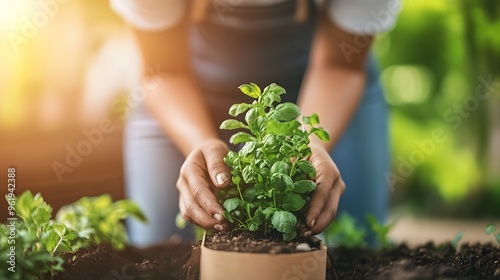 Woman planting herbs in urb...