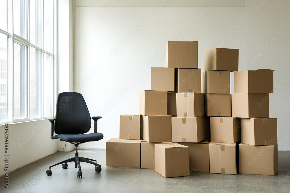office chair and a stack of cardboard boxes of stuff in an empty office space office chair and a stack of cardboard boxes of stuff in an empty office space