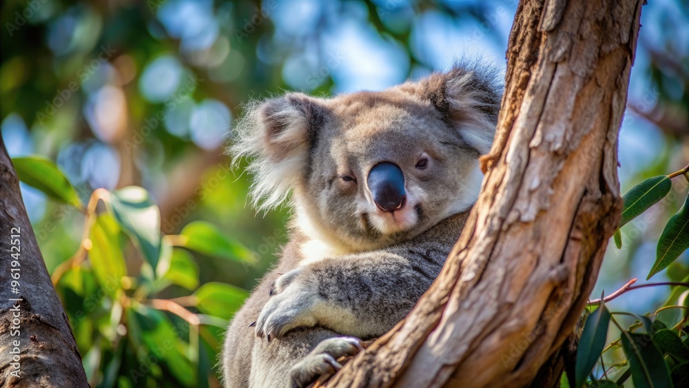 Fototapeta premium Koala resting in eucalyptus tree , Australia, wildlife, cute, furry, marsupial, native, eucalyptus leaves, nature