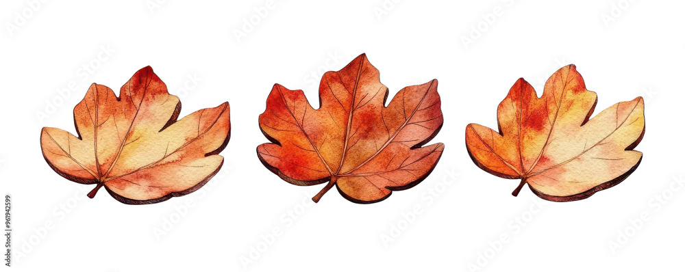 Fototapeta premium Three vibrant autumn leaves warm tones of orange and yellow, with transparent background