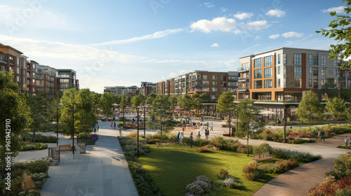 Modern Urban Community with Green Space.