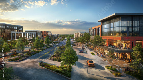 Modern Urban Cityscape with Shops and Restaurants.