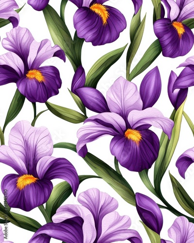 A vibrant floral pattern featuring elegant purple irises with lush green leaves on a clean white background.