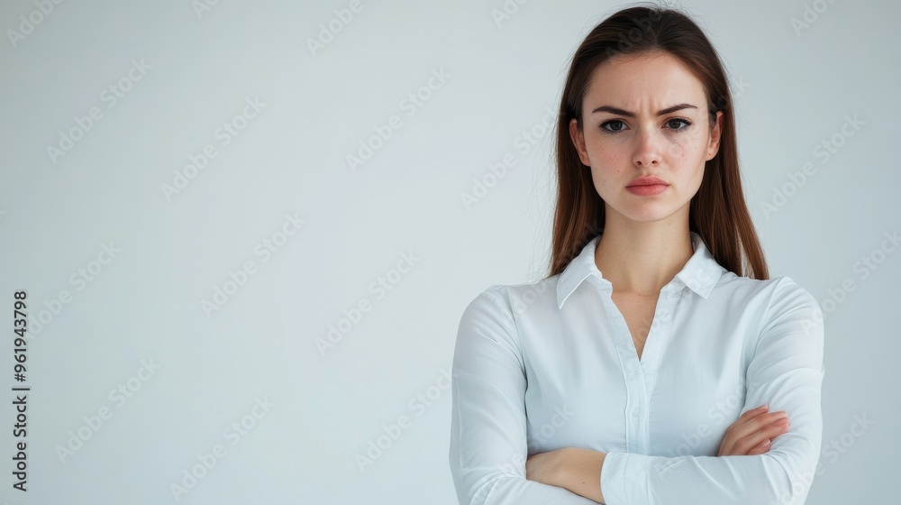 Young woman with arms crossed looking serious. Young woman with arms crossed looking serious.