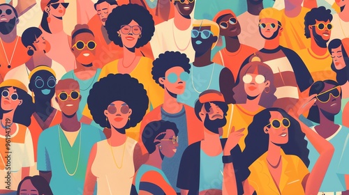 Illustration of a diverse crowd of people wearing sunglasses. photo