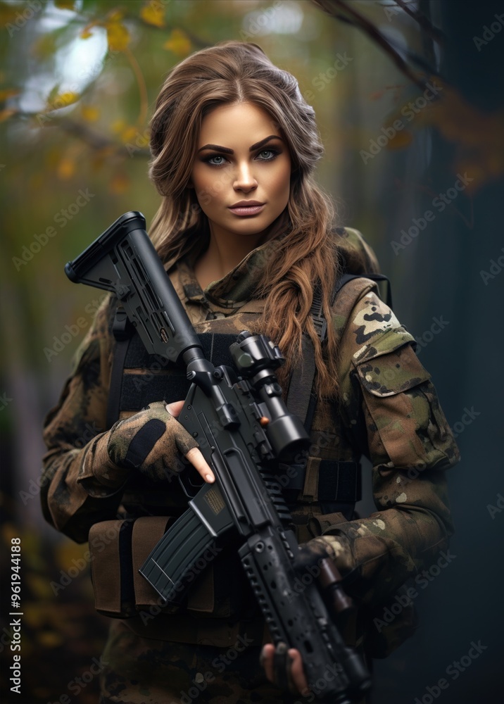 A Confident Female Soldier Fiercely Posing in Camouflage with Her Rifle Gear at the Ready A Confident Female Soldier Fiercely Posing in Camouflage with Her Rifle Gear at the Ready