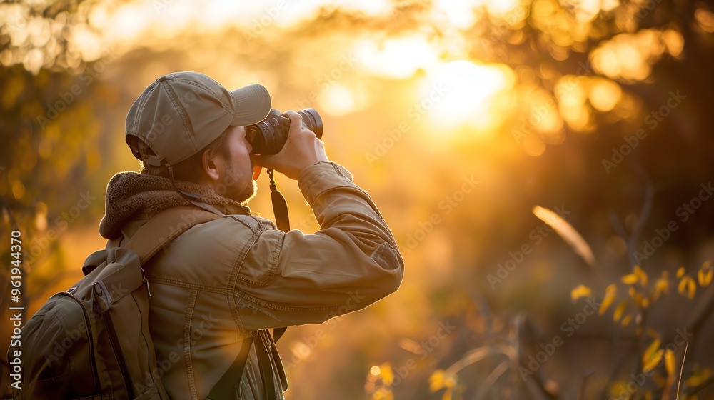 Fototapeta premium A photographer takes photos of a sunset over rolling hills.