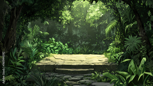 The lush green foliage of the jungle surrounds a clearing with a stone platform. perfect for product placement or a relaxing yoga session. Lush Jungle. Illustration