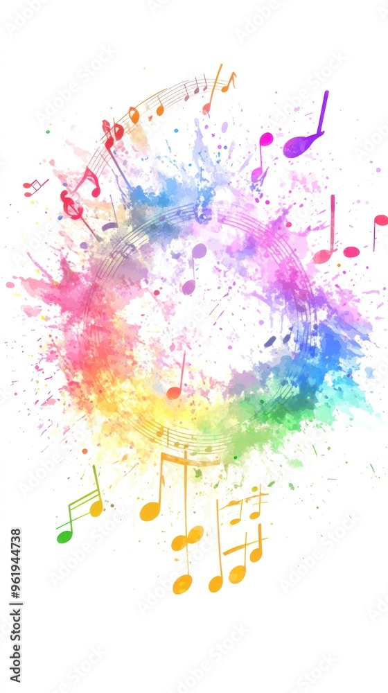 Obraz premium Rainbow-colored circular explosion with music notes