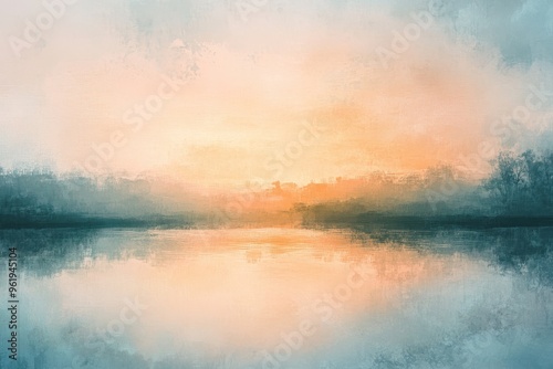 Abstract Painting of a Sunset Over a Lake with Silhouetted Trees