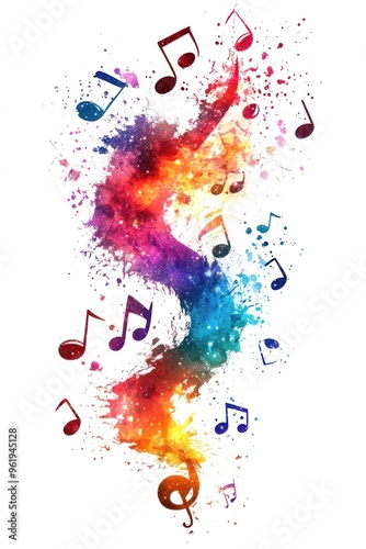 Explosion of colorful music notes in abstract art.