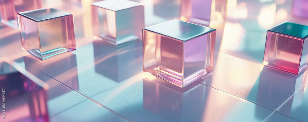 A futuristic array of floating multi-colored cubes, with reflective surfaces hovering just above a pale, sleek surface, creating shadows and reflections. A futuristic array of floating multi-colored cubes, with reflective surfaces hovering just above a pale, sleek surface, creating shadows and reflections.