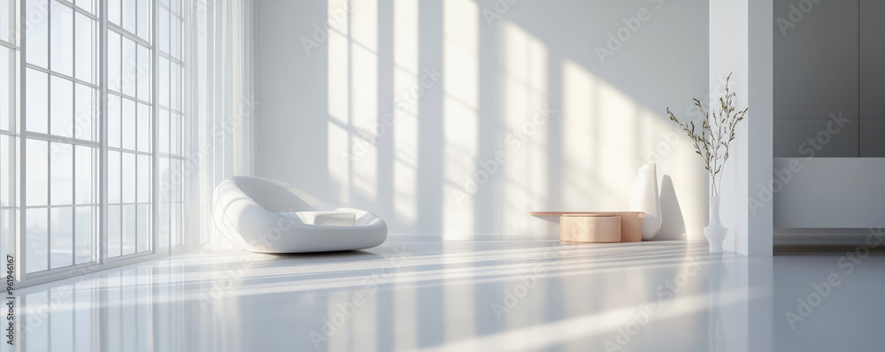 A modern 3D white room with large windows casting natural light onto glossy white floors and smooth, minimalistic furniture. Soft, subtle textures on the walls. A modern 3D white room with large windows casting natural light onto glossy white floors and smooth, minimalistic furniture. Soft, subtle textures on the walls.