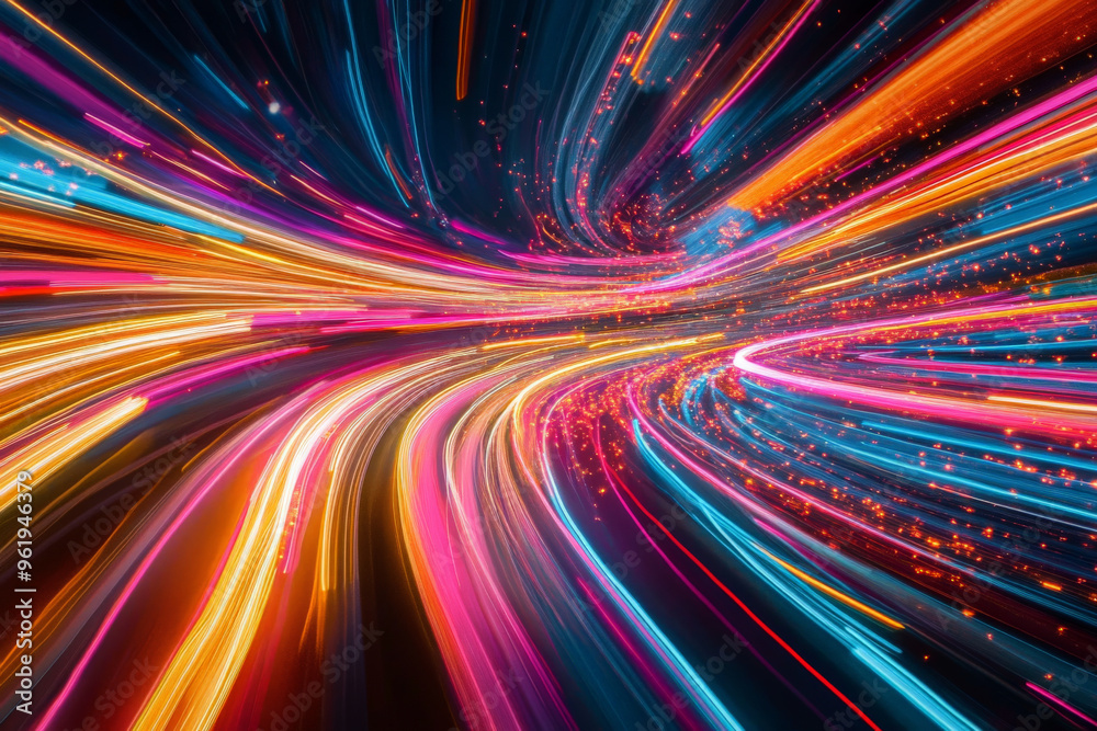 A vibrant burst of multicolored light trails streaking through a dark, empty space, creating chaotic yet beautiful patterns. A vibrant burst of multicolored light trails streaking through a dark, empty space, creating chaotic yet beautiful patterns.