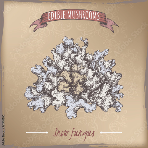 Tremella fuciformis aka snow fungus color sketch on vintage background. Edible mushrooms series.