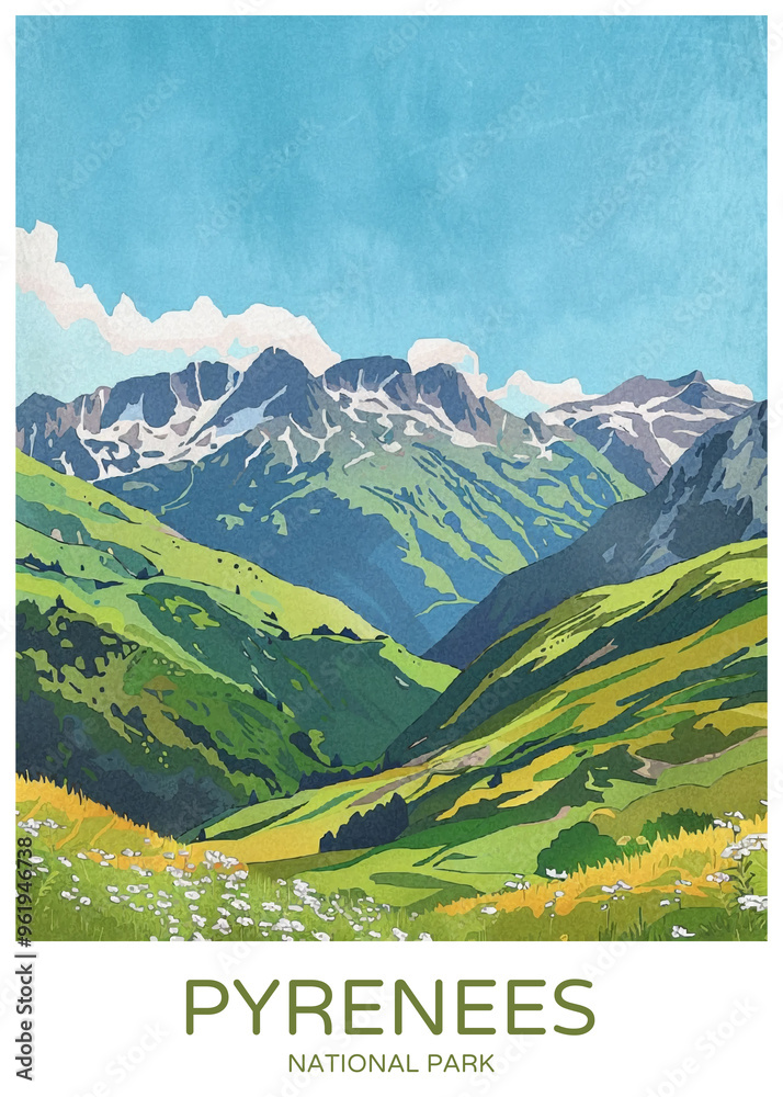 Parc national des Pyrénées France Poster Illustration Travel Print Decor Gift Paper Canvas Wall Retro Art