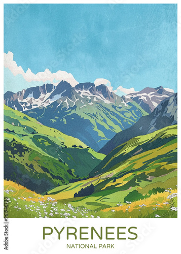Obraz na płótnie Parc national des Pyrénées France Poster Illustration Travel Print Decor Gift Paper Canvas Wall Retro Art w salonie