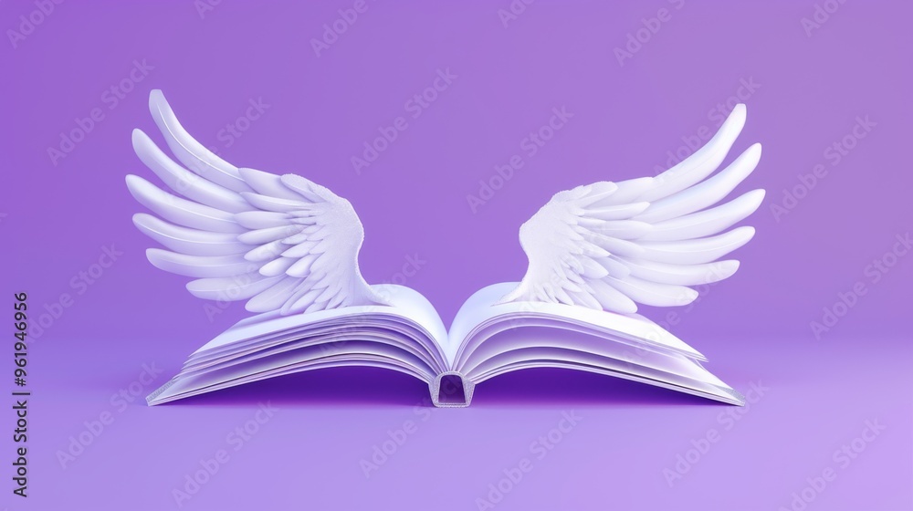 A mesmerizing 3D digital art piece depicting an open book with angel wings, spread wide against a soft purple background. This image represents the convergence of knowledge and imagination, evoking a A mesmerizing 3D digital art piece depicting an open book with angel wings, spread wide against a soft purple background. This image represents the convergence of knowledge and imagination, evoking a