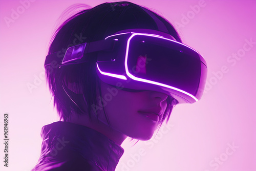 Woman wearing futuristic VR headset in neon purple light.