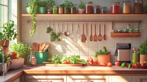 Sunlit Kitchen with Fresh Ingredients and Utensils.