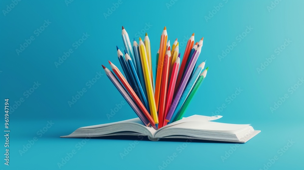 A vibrant composition featuring an open book with numerous colored pencils standing upright, radiating like a burst of creativity against a clean blue background. The image symbolizes education A vibrant composition featuring an open book with numerous colored pencils standing upright, radiating like a burst of creativity against a clean blue background. The image symbolizes education