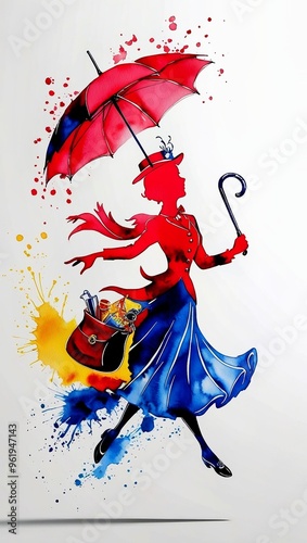 impressionante ilustração em aquarela de Mary Poppins voando graciosamente, com seu icônico guarda-chuva e uma bolsa cheia de itens mágicos.
