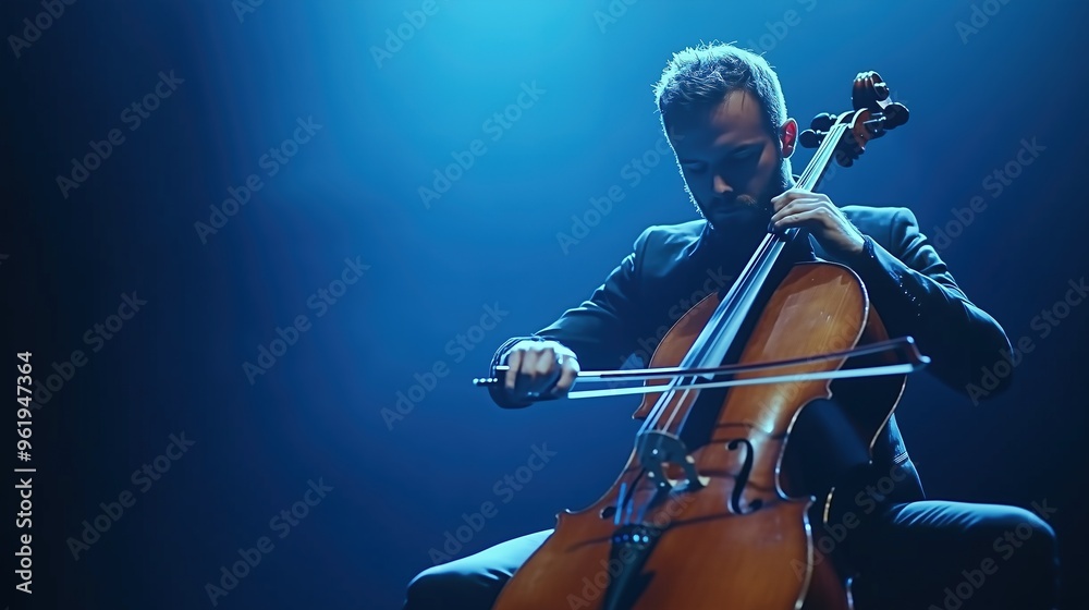 Fototapeta premium a man engrossed in playing the cellos, positioned to the left of the frame against a solid light blue background