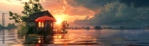 Secluded Cabin Nestled on the Edge of a Serene Lake at Sunset with Pastel-Painted Sky in the background