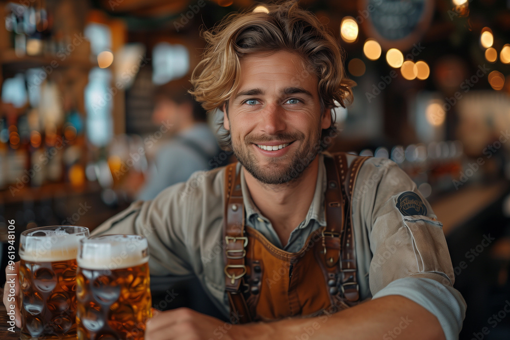 Handsome guy holding beer cups during Octoberfest in Germany. Handsome guy holding beer cups during Octoberfest in Germany.