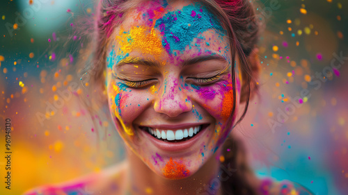 A person celebrating Holi, with colorful powder splashed across their face and clothes