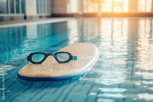 Swim with goggles at the sports center for training Banner with text space