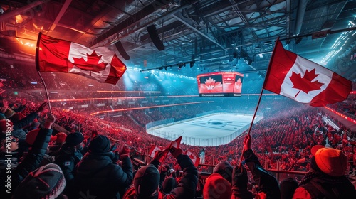 Fans wave Canadian flags enthusiastically at a hockey game