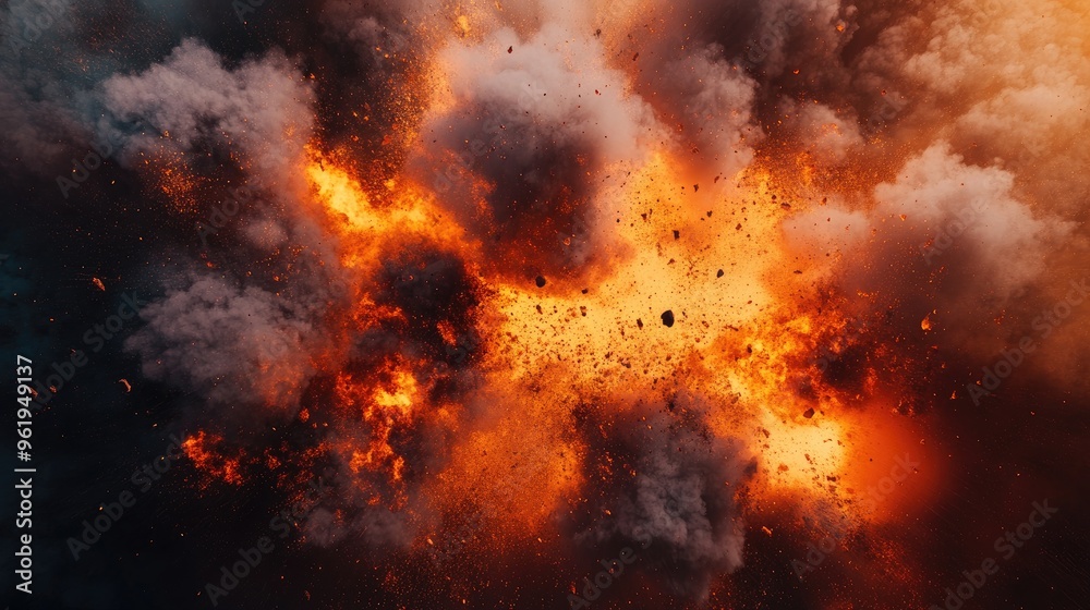 Fiery explosion with bright orange flames and thick smoke spreading outward, a dynamic moment of destruction and chaos Fiery explosion with bright orange flames and thick smoke spreading outward, a dynamic moment of destruction and chaos