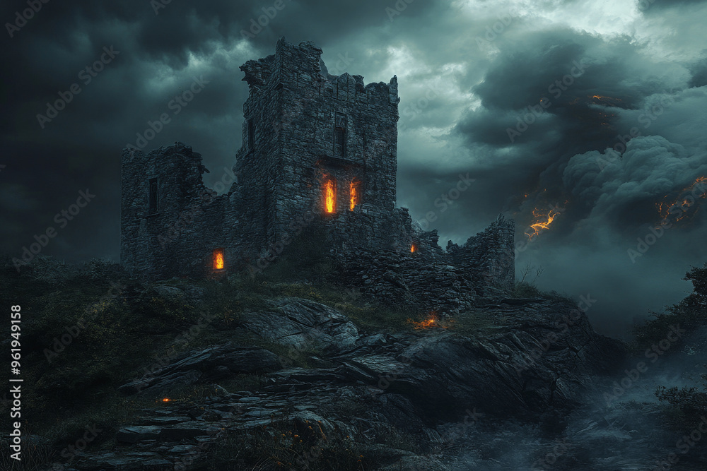 Fototapeta premium A cursed castle with crumbling stone walls, eerie glowing lights inside, and dark storm clouds swirling overhead.