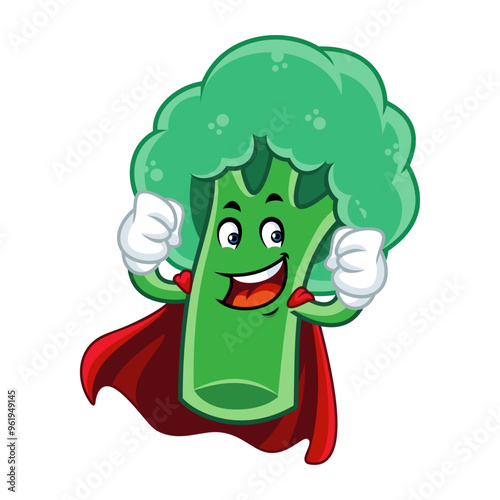 Cartoon superhero broccoli character with cape. Healthy food, vegetarianism concept.