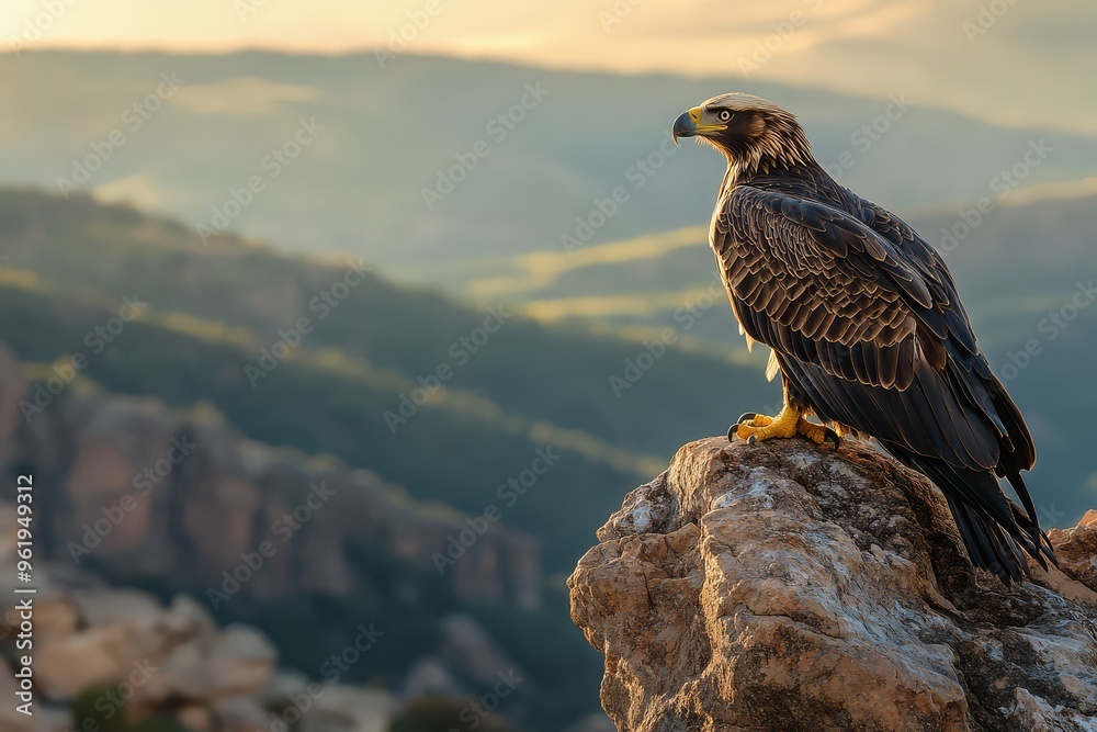 Fototapeta premium Bald Eagle Perched on Rocky Cliff at Sunrise